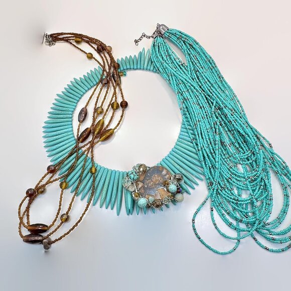 Vintage Necklace Lot Boho Statement Turquoise Howlite Ammonite Set of 3 Bohemian - Picture 7 of 7